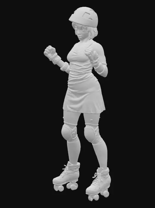 3D model for street fighter style urban teenage tough spunky roller derby girl. wearing roller skates, helmet with short messy hair sticking out, elbow pads, knee pads. tough, badass vibe with clenched fists. stylized proportions with slightly exaggerated head and hands in a fist. looks like a fighting videogame character. simple A-pose or T-pose standing straight up.
