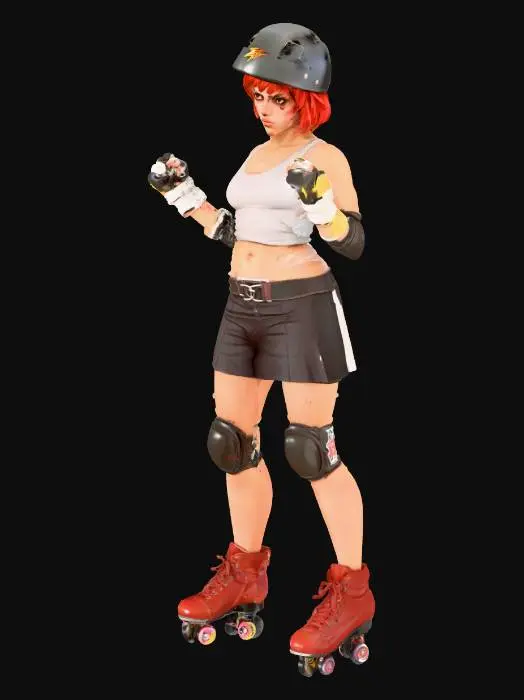 3D model for street fighter style urban teenage tough spunky roller derby girl. wearing roller skates, helmet with short messy hair sticking out, elbow pads, knee pads. tough, badass vibe with clenched fists. stylized proportions with slightly exaggerated head and hands in a fist. looks like a fighting videogame character. simple A-pose or T-pose standing straight up.