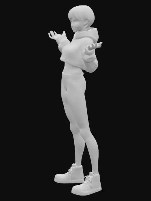 3D model for street fighter style urban teenage cute hacker Egirl gamer girl streamer. wearing oversized glasses, headphones, with a controller and keyboard on her person (not in hands). pigtails. badass vibe with clenched fists. stylized proportions with slightly exaggerated head and hands in a fist. looks like a fighting videogame character.