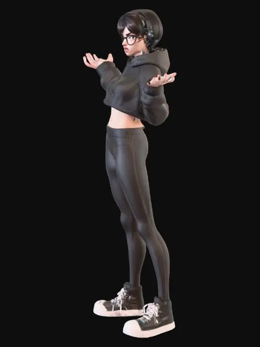 3D model for street fighter style urban teenage cute hacker Egirl gamer girl streamer. wearing oversized glasses, headphones, with a controller and keyboard on her person (not in hands). pigtails. badass vibe with clenched fists. stylized proportions with slightly exaggerated head and hands in a fist. looks like a fighting videogame character.