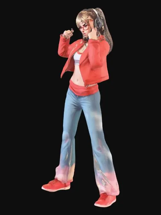 3D model for street fighter style urban teenage cute hacker Egirl gamer girl streamer. wearing oversized glasses, headphones, with a controller and keyboard on her person (not in hands). pigtails. badass vibe with clenched fists. stylized proportions with slightly exaggerated head and hands in a fist. looks like a fighting videogame character. simple A-pose or T-pose standing straight up.