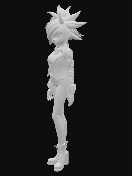 3D model for simple cartoony style. rocker girl, with hot pink hair, wearing lots of black leather and chrome tackle. pale skin goth vibe.