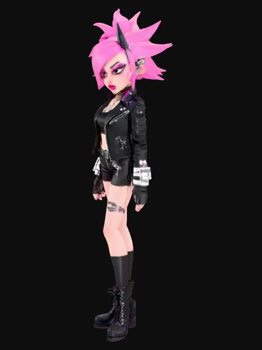 3D model for simple cartoony style. rocker girl, with hot pink hair, wearing lots of black leather and chrome tackle. pale skin goth vibe.