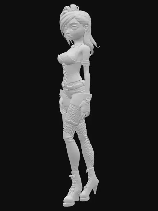 3D model for simple cartoony style. rocker girl, with hot pink hair, wearing lots of black leather and chrome tackle. pale skin goth vibe.