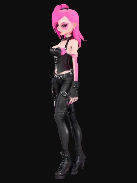 3D model for simple cartoony style. rocker girl, with hot pink hair, wearing lots of black leather and chrome tackle. pale skin goth vibe.