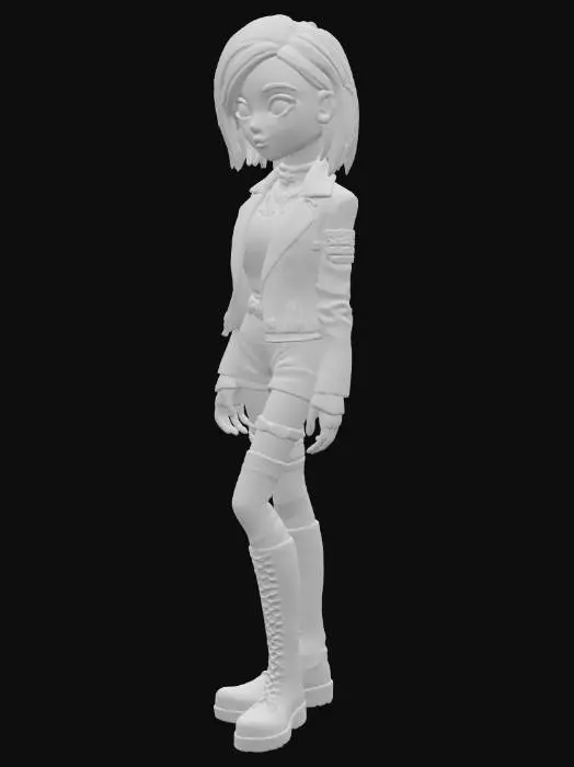 3D model for simple cartoony style. rocker girl, with hot pink hair, wearing lots of black leather and chrome tackle. pale skin goth vibe.