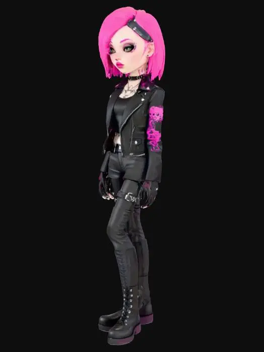 3D model for simple cartoony style. rocker girl, with hot pink hair, wearing lots of black leather and chrome tackle. pale skin goth vibe.