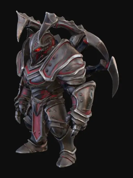 3D model for Stylized #villain#, #villain#,  character in miniature scale, designed for 3D printing. Slightly exaggerated features for strong silhouette, but not over the top. Thick limbs and grounded pose for support-free geometry. Detailed surface texture for painting—includes segmented spider limbs, metallic armor plates, and a steel veil over the face. No thin floating parts. No background. No base. Dark fantasy style with dramatic pose and sinister elegance. Color direction: dark steel, gunmetal, and crimson accents. Add #villain# to model name.