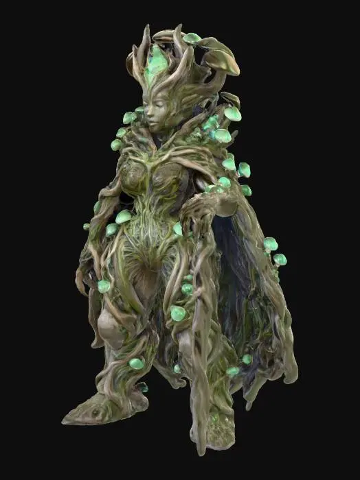 3D model for Stylized feminine villain in miniature scale, designed for 3D printing. Slightly exaggerated features for strong silhouette, but not over the top. Thick limbs and grounded pose for support-free geometry. Detailed surface texture for painting—includes mushroom crown, tangled mycelium cloak, and spore clusters growing from shoulders and arms. No thin floating parts. No background. No base. Dark fantasy style with haunting expression and regal stance, inspired by corrupted myconid reanimation.