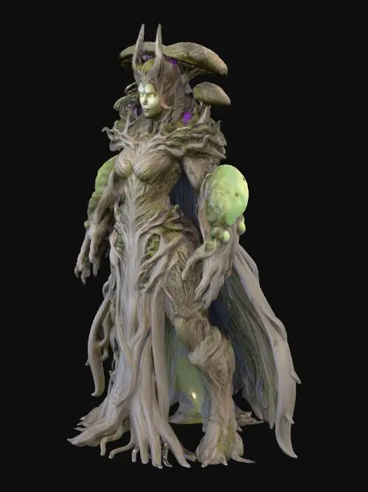 3D model for Stylized feminine #villain# in miniature scale, designed for 3D printing. Slightly exaggerated features for strong silhouette, but not over the top. Thick limbs and grounded pose for support-free geometry. Detailed surface texture for painting—includes mushroom crown, tangled mycelium cloak, and spore clusters growing from shoulders and arms. No thin floating parts. No background. No base. Dark fantasy style with haunting expression and regal stance, inspired by corrupted myconid reanimation.