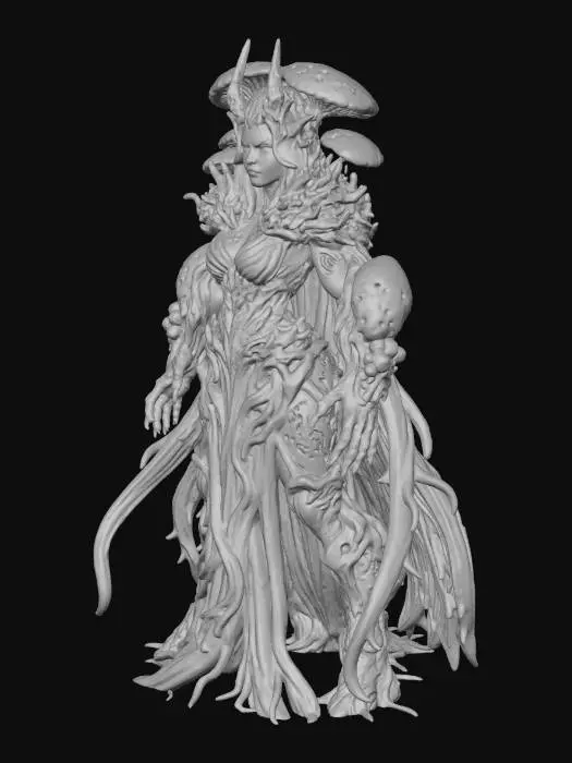 3D model for Stylized feminine #villain# in miniature scale, designed for 3D printing. Slightly exaggerated features for strong silhouette, but not over the top. Thick limbs and grounded pose for support-free geometry. Detailed surface texture for painting—includes mushroom crown, tangled mycelium cloak, and spore clusters growing from shoulders and arms. No thin floating parts. No background. No base. Dark fantasy style with haunting expression and regal stance, inspired by corrupted myconid reanimation.