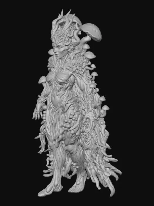 3D model for Stylized feminine villain in miniature scale, designed for 3D printing. Slightly exaggerated features for strong silhouette, but not over the top. Thick limbs and grounded pose for support-free geometry. Detailed surface texture for painting—includes mushroom crown, tangled mycelium cloak, and spore clusters growing from shoulders and arms. No thin floating parts. No background. No base. Dark fantasy style with haunting expression and regal stance, inspired by corrupted myconid reanimation.