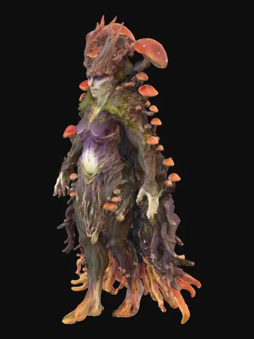 3D model for Stylized feminine villain in miniature scale, designed for 3D printing. Slightly exaggerated features for strong silhouette, but not over the top. Thick limbs and grounded pose for support-free geometry. Detailed surface texture for painting—includes mushroom crown, tangled mycelium cloak, and spore clusters growing from shoulders and arms. No thin floating parts. No background. No base. Dark fantasy style with haunting expression and regal stance, inspired by corrupted myconid reanimation.