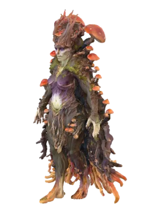 Stylized feminine villain in miniature scale, designed for 3D printing. Slightly… - Fungal 3D model, vytvořený pomocí AI