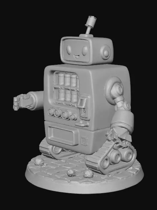 3D model for a robotic vending machine who's primary function is to distribute sodas but has arms and track style wheels and a simple robotic head. the robot needs to be cutesy and cartoony and is a D&D minifig