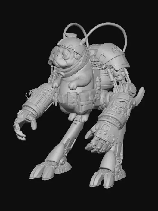3D model for instead of the white dog make it be a pug dog. and put himinside of a nuclear powered mech exoskeleton suit as a cyberpunk artificer character. set up like a futuristic cyberpunk d&d miniature but no base.