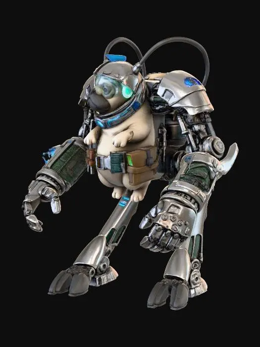 3D model for instead of the white dog make it be a pug dog. and put himinside of a nuclear powered mech exoskeleton suit as a cyberpunk artificer character. set up like a futuristic cyberpunk d&d miniature but no base.