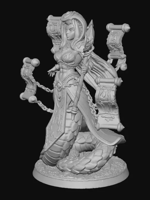 3D model for Stylized Yuan-ti villainess in miniature scale, designed for 3D printing. Upper body humanoid with regal, muscular posture and scaled olive-green skin. Lower body long serpent tail coiled beneath her like a throne. Three large magical scrolls float around her in a deliberate arc, each chained to her waist and shoulders with thick ornate links. Scrolls are aged parchment with bold red glyphs and golden finials. One hand holds a ceremonial staff with serpent motifs and a glowing gemstone. Serene, beautiful face with slit eyes, cobra hood crown, and long black hair. Flowing purple and gold robes with jade accents, adorned with ritual tattoos. No thin floating parts. No background. Dark fantasy style with serpentine regality, chained scrolls, and overwhelming magical presence. #villain#