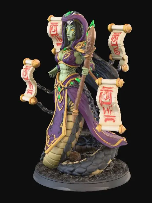 3D model for Stylized Yuan-ti villainess in miniature scale, designed for 3D printing. Upper body humanoid with regal, muscular posture and scaled olive-green skin. Lower body long serpent tail coiled beneath her like a throne. Three large magical scrolls float around her in a deliberate arc, each chained to her waist and shoulders with thick ornate links. Scrolls are aged parchment with bold red glyphs and golden finials. One hand holds a ceremonial staff with serpent motifs and a glowing gemstone. Serene, beautiful face with slit eyes, cobra hood crown, and long black hair. Flowing purple and gold robes with jade accents, adorned with ritual tattoos. No thin floating parts. No background. Dark fantasy style with serpentine regality, chained scrolls, and overwhelming magical presence. #villain#