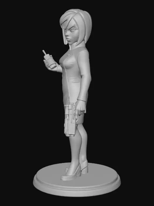 3D model for short female cyberpunk Corpo leader, very angry expression, very short black hair, holding remote in one hand and gun in the other, black suit dress miniskirt slit, stylized mini with realistic proportioned features for readability, clear silhouette,  smooth surfaces, bright even lighting, 3D print-ready.