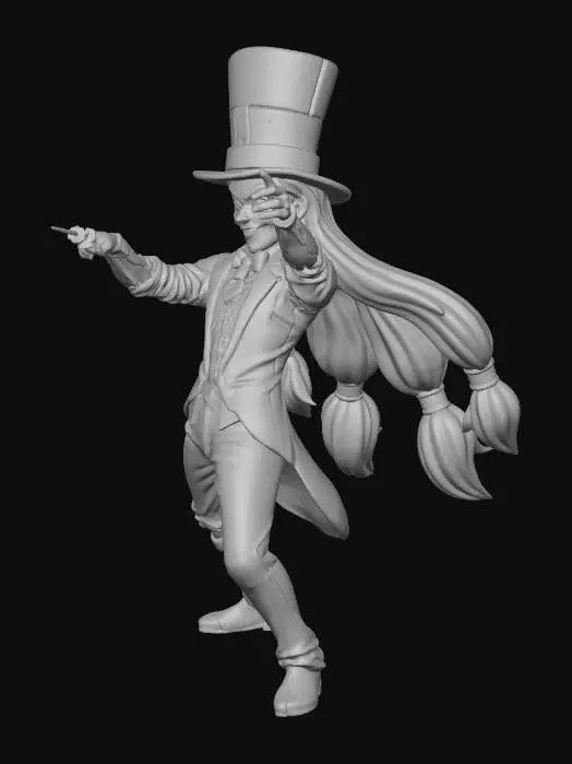 3D model for Stage Director Murasaki, average height man, extremely long hair in three ponytails, rainbow-colored clothes, giant top hat, cybernetic arm and leg, directing music in city, dynamic flamboyant pose, stylized mini with realistic proportions, clear silhouette, slightly exaggerated features for readability, smooth surfaces, bright even lighting, 3D print-ready.