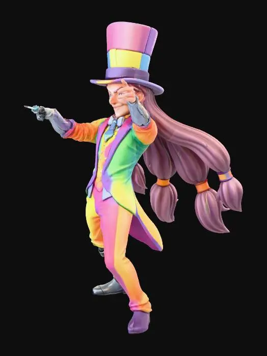 3D model for Stage Director Murasaki, average height man, extremely long hair in three ponytails, rainbow-colored clothes, giant top hat, cybernetic arm and leg, directing music in city, dynamic flamboyant pose, stylized mini with realistic proportions, clear silhouette, slightly exaggerated features for readability, smooth surfaces, bright even lighting, 3D print-ready.