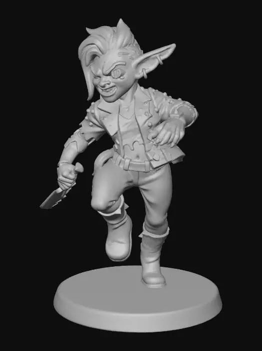 3D model for Female goblin cyberpunk rocker, dancing pose, torn neon-studded jacket, cybernetic arm and eye implant, small energy knife, mischievous grin, stylized mini with realistic proportions, clear silhouette, slightly exaggerated features, smooth surfaces, bright even lighting, ready for 3D printing.