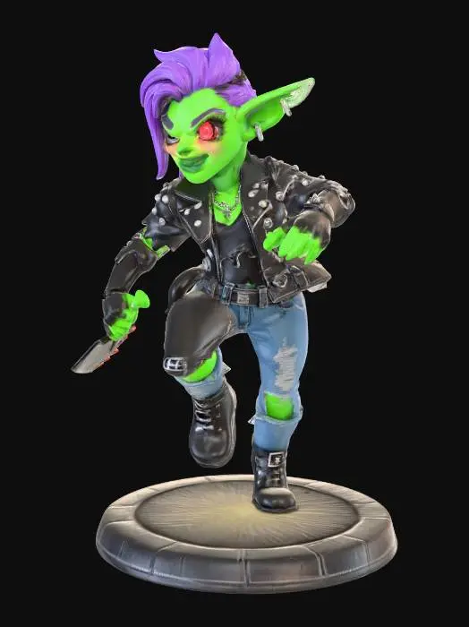 3D model for Female goblin cyberpunk rocker, dancing pose, torn neon-studded jacket, cybernetic arm and eye implant, small energy knife, mischievous grin, stylized mini with realistic proportions, clear silhouette, slightly exaggerated features, smooth surfaces, bright even lighting, ready for 3D printing.