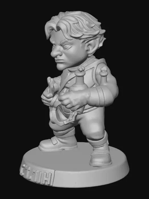 3D model for Dexter, short gnome-sized male, messy red hair, full metallic chest, leader of rogue science gang, chaotic pose holding science tools, stylized mini with realistic proportions, clear silhouette, slightly exaggerated features for readability, smooth surfaces, bright even lighting, 3D print-ready.