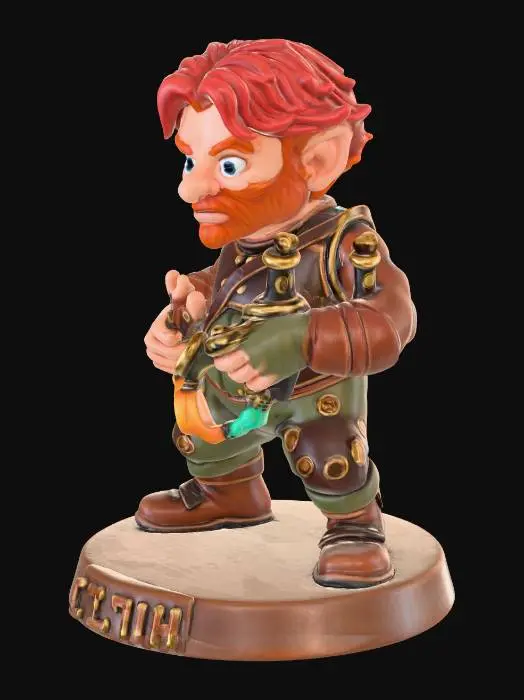 3D model for Dexter, short gnome-sized male, messy red hair, full metallic chest, leader of rogue science gang, chaotic pose holding science tools, stylized mini with realistic proportions, clear silhouette, slightly exaggerated features for readability, smooth surfaces, bright even lighting, 3D print-ready.