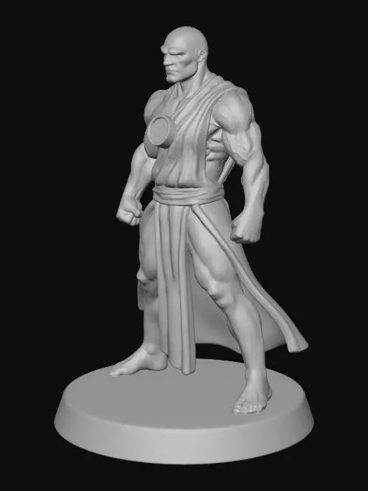 3D model for Church of Progress Head Leader, tall bald human, no cybernetics, rippling muscles, strong imposing stance, believes in future without cybernetics, helping others by any means, stylized mini with realistic proportions, clear silhouette, slightly exaggerated features for readability, smooth surfaces, bright even lighting, ready for 3D printing.