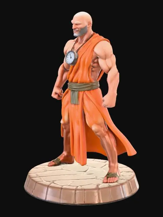 3D model for Church of Progress Head Leader, tall bald human, no cybernetics, rippling muscles, strong imposing stance, believes in future without cybernetics, helping others by any means, stylized mini with realistic proportions, clear silhouette, slightly exaggerated features for readability, smooth surfaces, bright even lighting, ready for 3D printing.