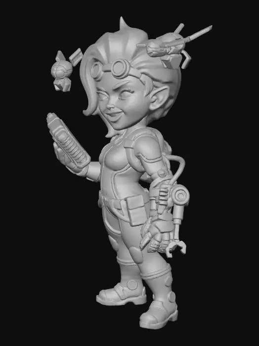 3D model for female Gnome cyberpunk hacker, wielding a cyberdeck, neon wires and goggles, mechanical arm with built-in tools, small drones hovering, mischievous grin, stylized mini with realistic proportions, clear silhouette, slightly exaggerated features for readability, smooth surfaces, bright even lighting, ready for 3D printing.