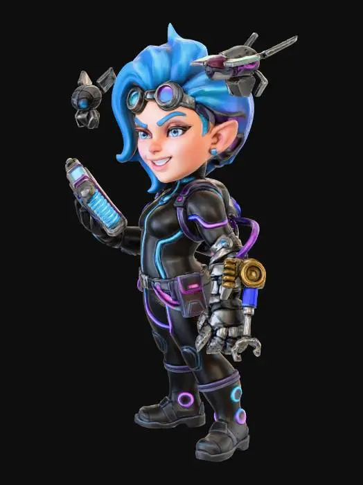 3D model for female Gnome cyberpunk hacker, wielding a cyberdeck, neon wires and goggles, mechanical arm with built-in tools, small drones hovering, mischievous grin, stylized mini with realistic proportions, clear silhouette, slightly exaggerated features for readability, smooth surfaces, bright even lighting, ready for 3D printing.