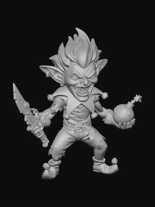3D model for Nilbog goblin trickster, wild chaotic grin, messy green-and-purple clown-punk outfit, face paint smeared into a manic smile, spiked neon hair, holding an improvised cyberpunk dagger and prank bomb, energetic taunting pose, stylized mini with realistic proportions, clear silhouette, slightly exaggerated features, smooth surfaces, bright even lighting, ready for 3D printing.