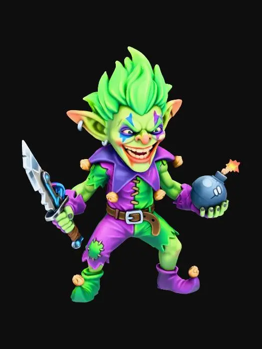 3D model for Nilbog goblin trickster, wild chaotic grin, messy green-and-purple clown-punk outfit, face paint smeared into a manic smile, spiked neon hair, holding an improvised cyberpunk dagger and prank bomb, energetic taunting pose, stylized mini with realistic proportions, clear silhouette, slightly exaggerated features, smooth surfaces, bright even lighting, ready for 3D printing.