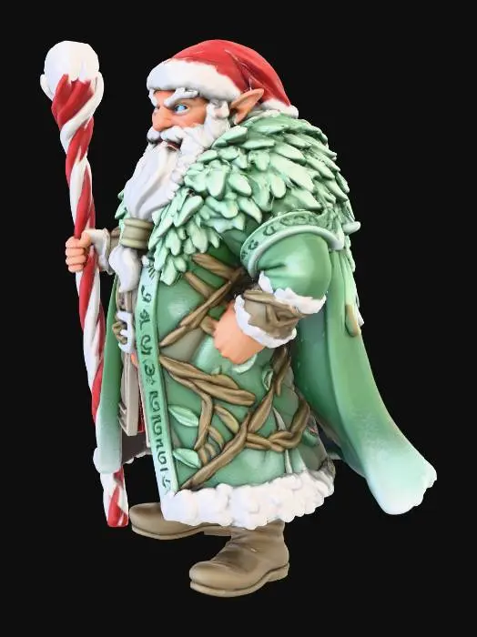 3D model for Fey Santa Archfey, tall and broad-shouldered with solid muscle beneath sturdy frame, traditional red Santa hat with white trim, long flowing white beard, twinkling protective eyes, magical fur-trimmed cloak with frosted leaves and twisting winter vines, slightly elongated and pointed ears for otherworldly look, holding massive enchanted candy cane staff, imposing yet jolly stance, full festive outfit covering torso, stylized mini with realistic proportions, clear silhouette, slightly exaggerated features for readability, smooth surfaces, bright even lighting, ready for 3D printing.
, #Christmas2025#