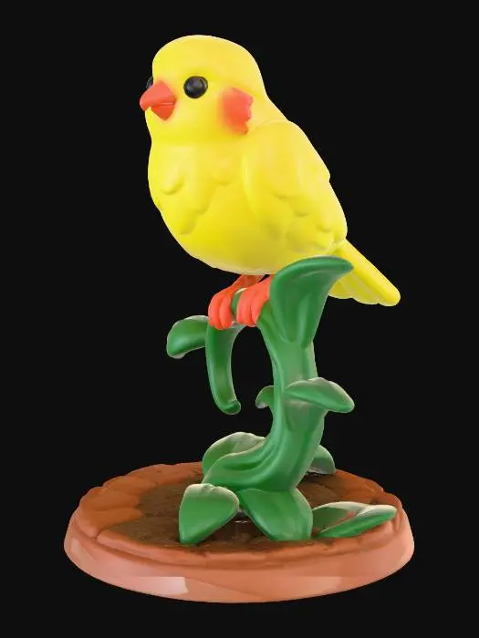 3D model for Small magical canary familiar, the canary is sitting on a limb of a plant that attaches to a D&D base, smooth rounded feathers for easy printing, slight glow aura, bright expressive eyes, simple elegant silhouette, slightly exaggerated shapes for readability, smooth surfaces, bright even lighting, ready for 3D printing.