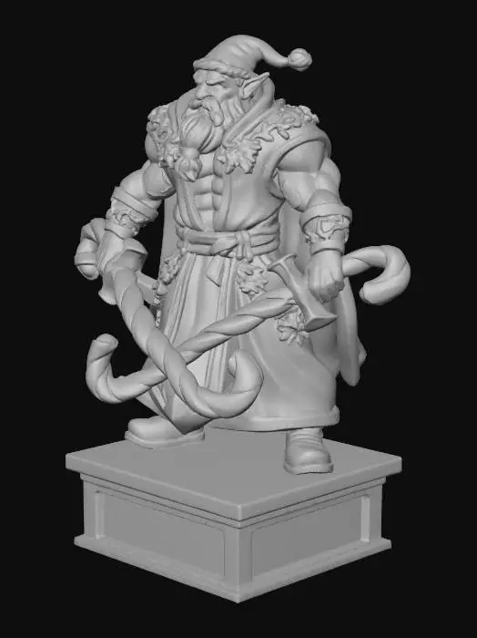 3D model for Fey Santa Archfey, tall and broad-shouldered with solid muscle beneath sturdy frame, traditional red Santa hat with white trim, long flowing white beard, twinkling protective eyes, magical fur-trimmed cloak with frosted leaves and twisting winter vines, slightly elongated pointed ears for otherworldly look, holding two massive enchanted candy cane swords crossed in front, heroic imposing stance, full festive outfit covering torso, stylized mini with realistic proportions, clear silhouette, slightly exaggerated features for readability, smooth surfaces, bright even lighting, ready for 3D printing.
, #Christmas2025#