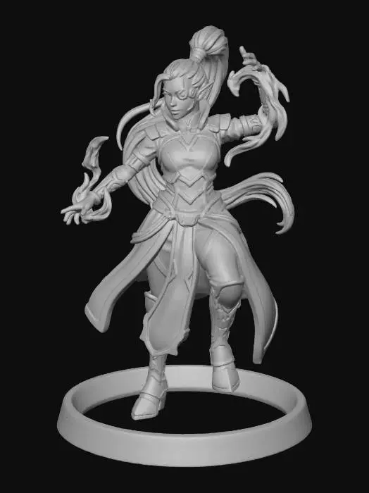 3D model for Elf cyberpunk sorceress with a futuristic k-pop vibe, casting spell with neon-glowing tattoos, cybernetic eye implant, sleek urban robes, stylized mini with realistic proportions, clear silhouette, D&D miniature proportions. smooth surfaces, bright even lighting, 3D print-ready.