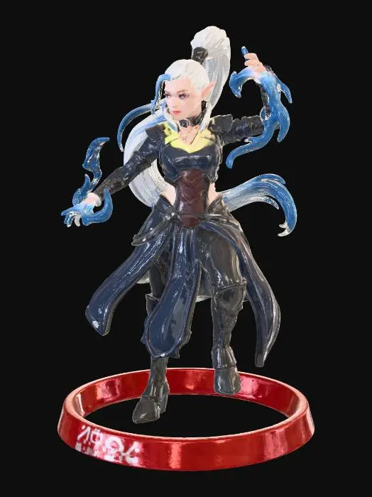 3D model for Elf cyberpunk sorceress with a futuristic k-pop vibe, casting spell with neon-glowing tattoos, cybernetic eye implant, sleek urban robes, stylized mini with realistic proportions, clear silhouette, D&D miniature proportions. smooth surfaces, bright even lighting, 3D print-ready.