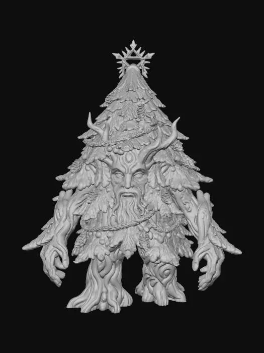 3D model for Massive Christmas Tree Treant, towering evergreen that looks like a real pine when still, dense triangular silhouette. Primary limbs remain close to the body, shaped as thick natural branches that only slightly unfurl when moving, no humanoid arms. Root-fused legs resemble a natural trunk base. Subtle knot-and-bark face with glowing eyes that vanish into bark when closed. Warm inner golden light between branches. Natural decorations: glowing berries, icy pinecones, vine-like tinsel, faint runes. Crowned with a natural star formed from frost-crystal growth and branching twigs. Slight exaggeration for mini readability, full color, smooth enough for 3D printing, clean silhouette, evenly lit.
, #Christmas2025#