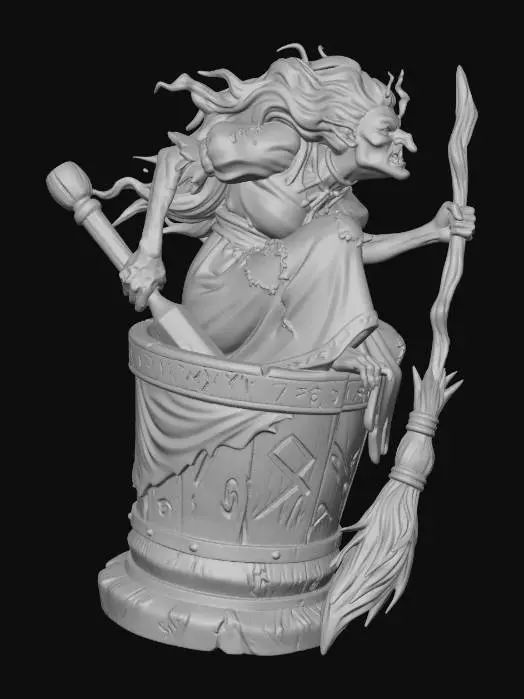 3D model for This witch - hag from D&D but what it would look like as a D&D miniature. The had is sitting inside a mortar and holding the pestle with her left hand and her broom with her right hand. instead of riding a broom this is how this hag gets around. stick to the reference image but make it look like how it would be as an actual miniature in d&d make sure the miniature is full color but no base, ill do that separately.