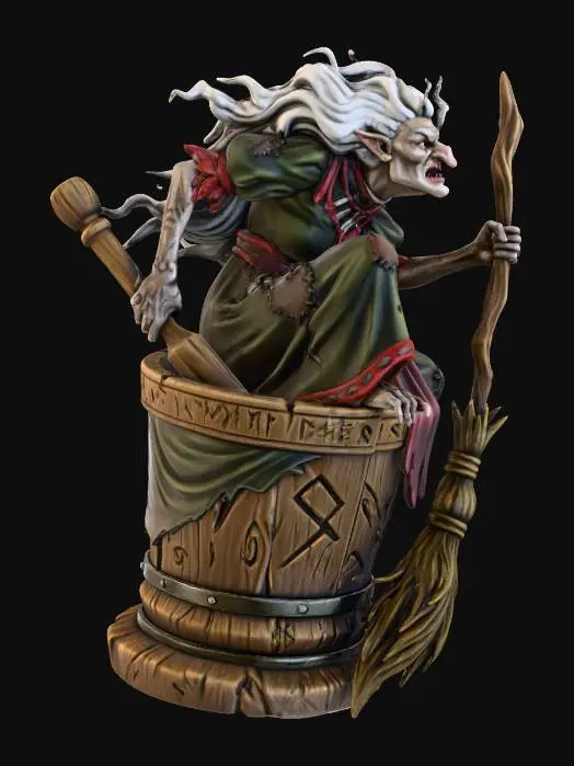 3D model for This witch - hag from D&D but what it would look like as a D&D miniature. The had is sitting inside a mortar and holding the pestle with her left hand and her broom with her right hand. instead of riding a broom this is how this hag gets around. stick to the reference image but make it look like how it would be as an actual miniature in d&d make sure the miniature is full color but no base, ill do that separately.