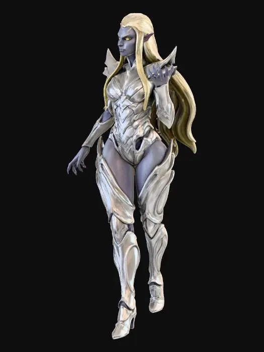 3D model for Lolth, The Spider Queen as a full drow elf humanoid with 2 arms only, based on Drifter Lolth reference torso: keep upper body, face, hair, and armor exactly as in reference. Remove all spider traits. Lower body is graceful humanoid elven legs with armor matching the silk spider-themed design of the upper body, seamless and elegant. Curvy, seductive, impossibly beautiful yet menacing. Glowing eyes, subtle fangs, dynamic pose, full color, highly detailed, D&D miniature, no base, maintain horror + allure theme.