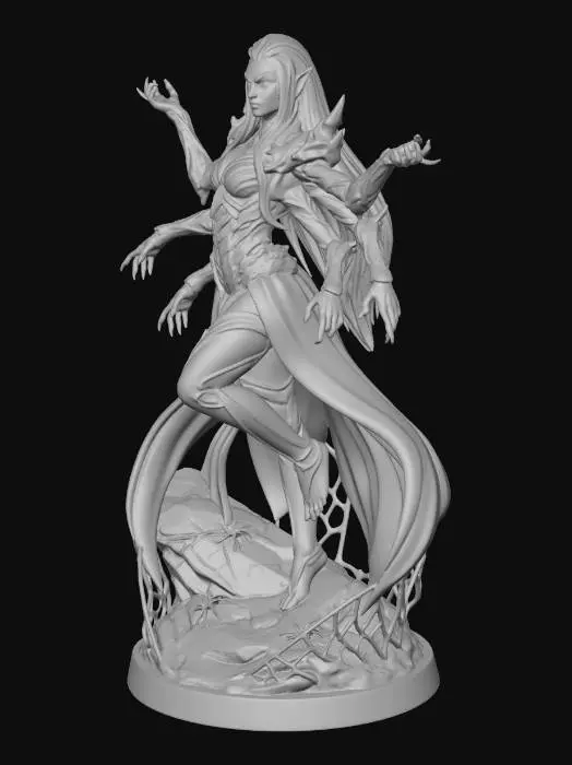 3D model for Lolth, The Spider Queen, humanoid drow elf form, based on reference image of Drifter Lolth torso and armor: keep upper body, 8 arms, face, hair, armor exactly as in reference, but remove all spider lower body and give her a graceful humanoid elven lower half with slender legs and elven feet. Curvy, seductive, impossibly beautiful yet menacing. Glowing eyes, subtle fangs, dynamic pose, full color, highly detailed, D&D miniature, no base. Maintain horror + allure vibe while fully humanoid below torso.