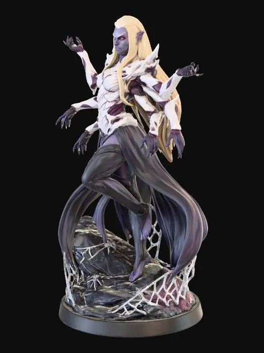 3D model for Lolth, The Spider Queen, humanoid drow elf form, based on reference image of Drifter Lolth torso and armor: keep upper body, 8 arms, face, hair, armor exactly as in reference, but remove all spider lower body and give her a graceful humanoid elven lower half with slender legs and elven feet. Curvy, seductive, impossibly beautiful yet menacing. Glowing eyes, subtle fangs, dynamic pose, full color, highly detailed, D&D miniature, no base. Maintain horror + allure vibe while fully humanoid below torso.