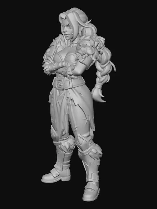 3D model for Create a full-body baseless miniature based entirely on the provided reference image. Preserve all features, clothing, accessories, and aesthetic style exactly as in the reference, without adding anything not present. Retain the character’s pose, expression, and vibe, slightly exaggerating the pose if needed for tabletop readability, but do not distort proportions or shrink/over-compress the body. Generate a printable full-color miniature with solid geometry, thick enough limbs for resin printing, no floating parts, readable from multiple angles. Extend busts or partial figures into full-body models while keeping the character faithful to the reference. Do not insert fantasy, sci-fi, or other stylistic elements unless they are in the reference image.