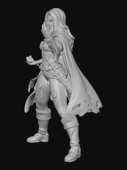 3D model for Create a full-body baseless miniature of a female plasmoid spelljammer captain villain using the provided reference images. Preserve the plasmoid anatomy and translucent slime material, while keeping a humanoid silhouette suitable for tabletop play. Combine the references to create a distinct character: confident, intimidating, morally ruthless rival captain. Maintain the sci-fantasy Spelljammer aesthetic present in the references. Do not add unrelated fantasy elements. Preserve pose, expression, and vibe, slightly exaggerating the stance and gestures for miniature readability. Full color with textures informed by the references (slime translucency, clothing, gear). Designed for resin printing: solid geometry, thick enough limbs, no floating parts, stable full-body proportions. No base.
