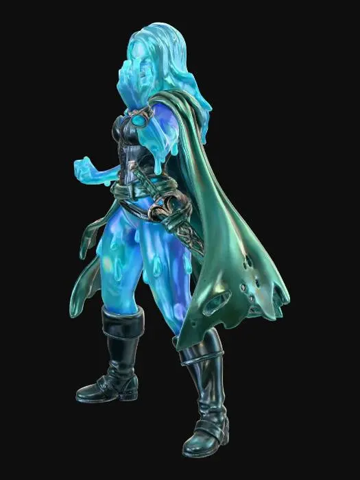 3D model for Create a full-body baseless miniature of a female plasmoid spelljammer captain villain using the provided reference images. Preserve the plasmoid anatomy and translucent slime material, while keeping a humanoid silhouette suitable for tabletop play. Combine the references to create a distinct character: confident, intimidating, morally ruthless rival captain. Maintain the sci-fantasy Spelljammer aesthetic present in the references. Do not add unrelated fantasy elements. Preserve pose, expression, and vibe, slightly exaggerating the stance and gestures for miniature readability. Full color with textures informed by the references (slime translucency, clothing, gear). Designed for resin printing: solid geometry, thick enough limbs, no floating parts, stable full-body proportions. No base.